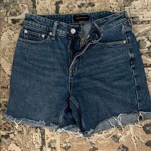 Blue High-Waisted Jean Shorts with Frayed Hem